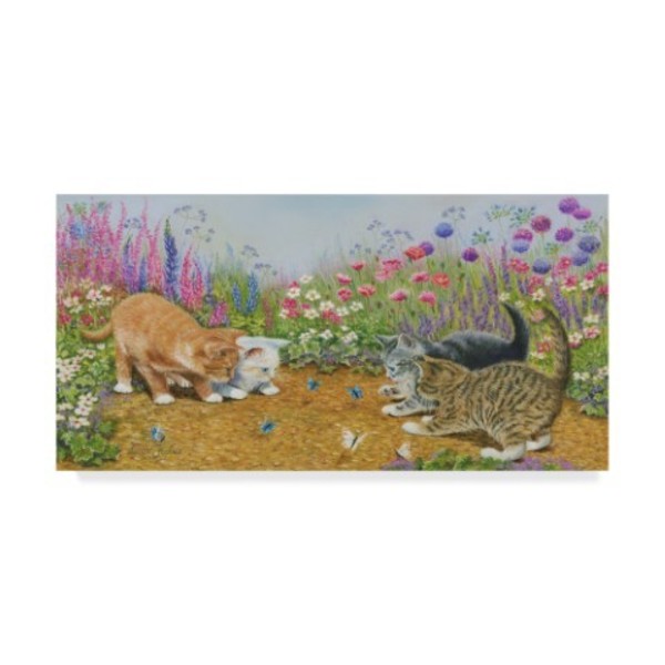 Trademark Fine Art Janet Pidoux 'Kittens And Butterflies Garden' Canvas Art, 12x24 ALI36503-C1224GG